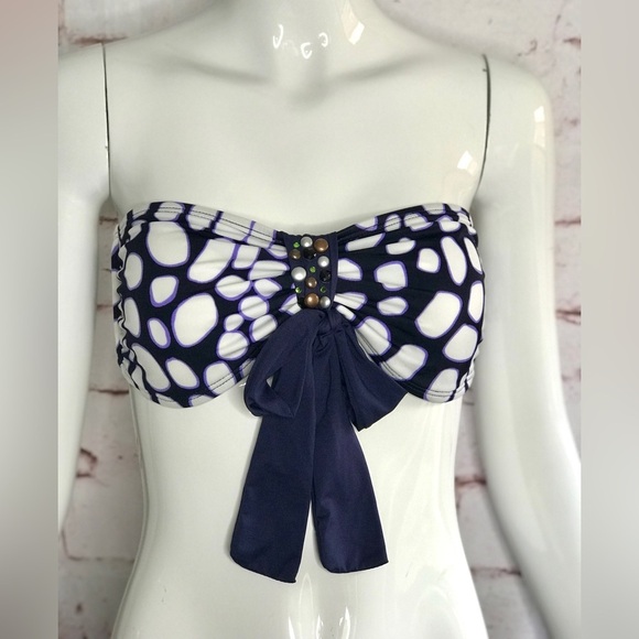 ST. JOHN Pebble Size 6 Bandeau & Halter Tie Embellished Swim Top Navy & White - Picture 5 of 15